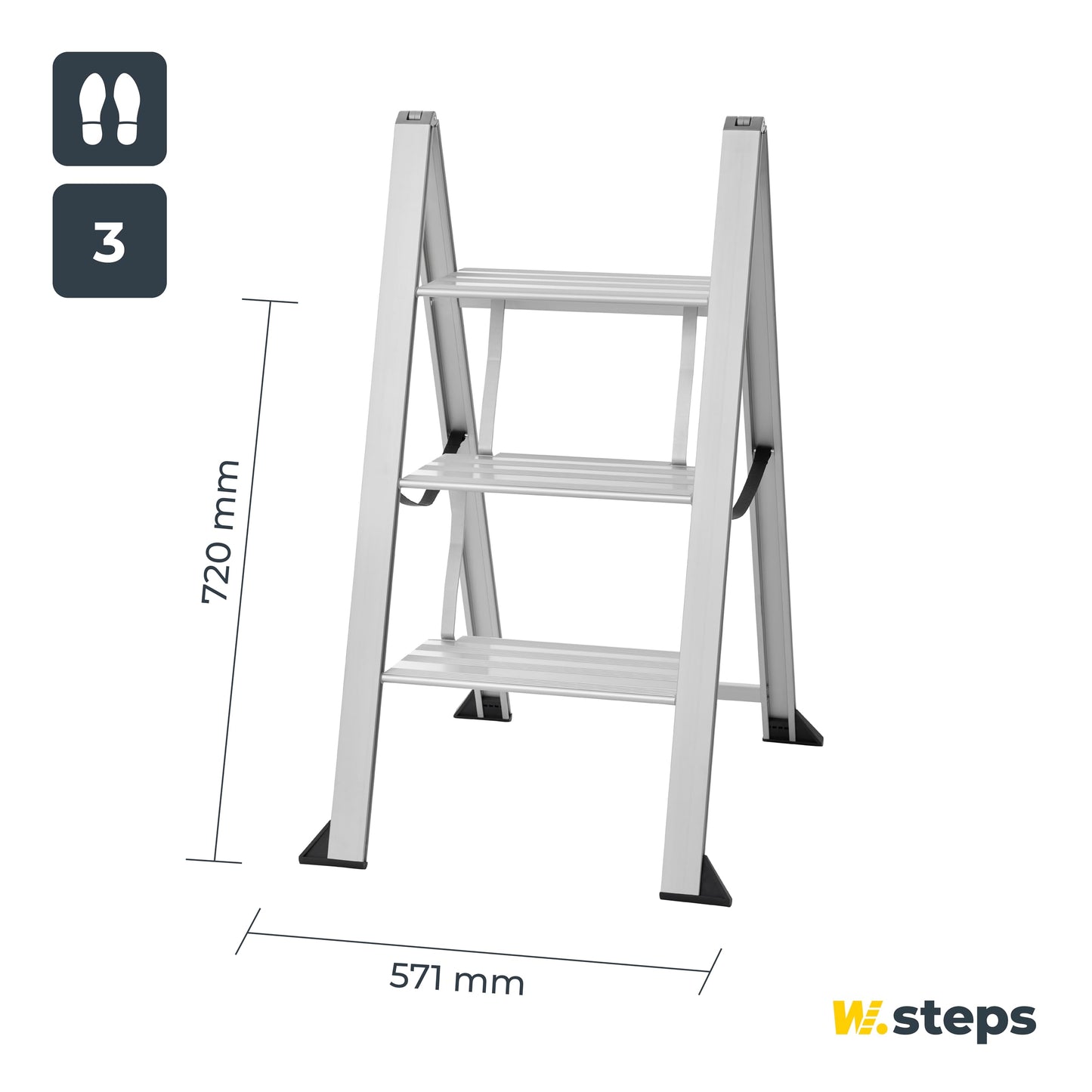 Aluminum folding step ladder Vikingstep Maxi by W.Steps 720mm high Load capacity up to 150kg Compact 2-step aluminum folding step ladder Only 35mm wide 728143