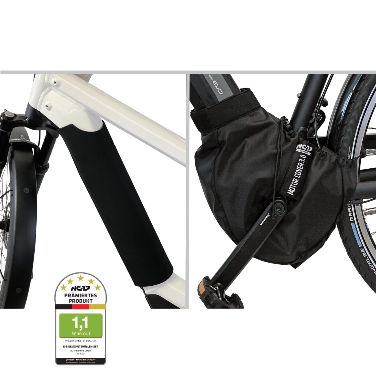 NC-17 E Bike protective covers 2-piece set | Ebike battery protection | Motor protection for integrated battery in downtube | Nylon and neoprene | For all common E Bikes, Black