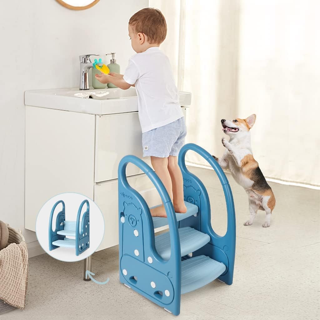 Onasti step stool for kids, Three-step height adjustable toddler stool for baby, Comfortable handrail, Multifunctional, Anti-slip, Suitable for approx. 1.5 to 6 years old - (Blue)