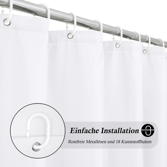 Extra wide white shower curtain 275 x 180 Textile polyester fabric shower curtains, waterproof washable anti-mold bath curtain with 18 rings