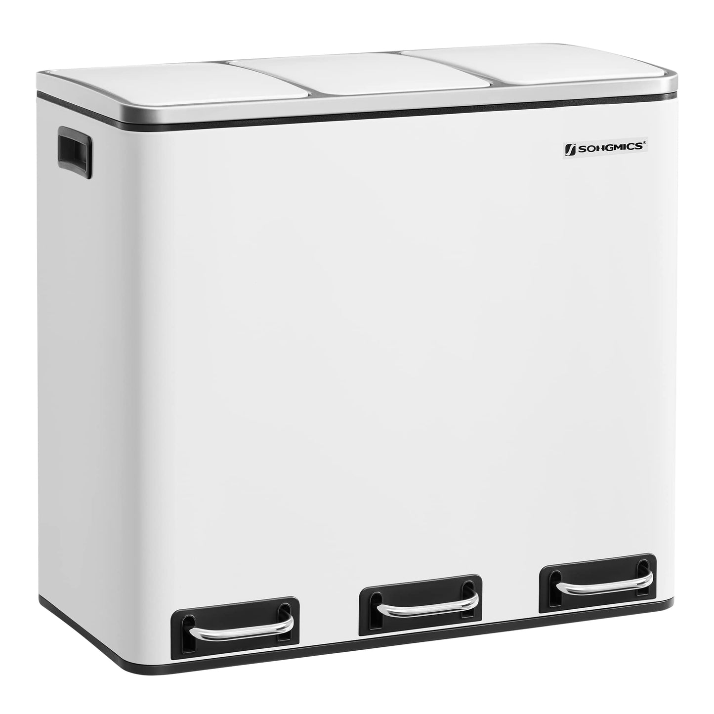SONGMICS Kitchen Trash Can, 3 x 18 L, Waste Separation System with 3 Compartments, includes 15 trash bags, Trash Bin, Step Bin, for recyclable waste, organic waste, with lid, cloud white LTB54WT