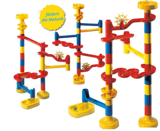 SIMM Toys Lena 65279 - Cascade Ball Track for Kindergarten with 62 track elements and 20 glass marbles in a brown shipping box.