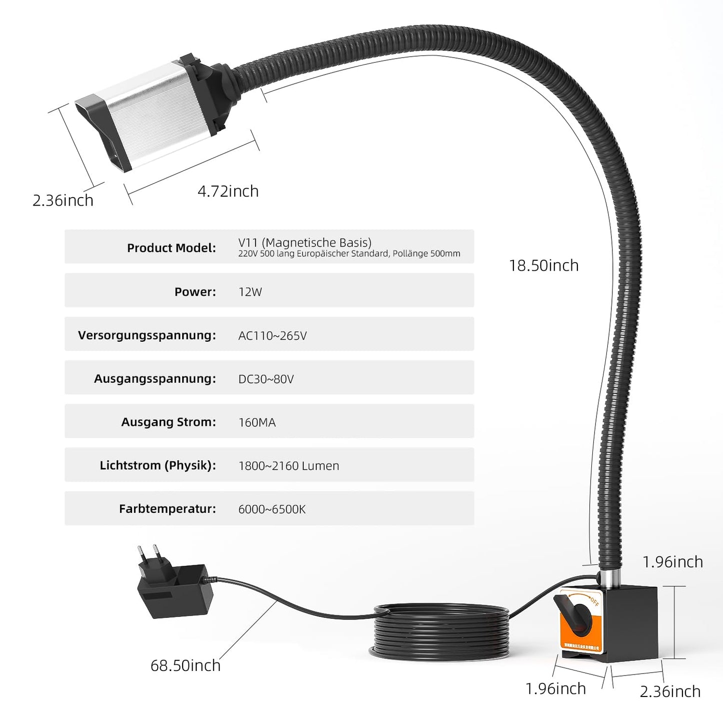 28 LEDs magnetic light, 1320 lumens, 120V flexible gooseneck work light with adjustable magnetic base for CNC, milling machine press sewing machine industrial lighting (12W Magnetic Base)