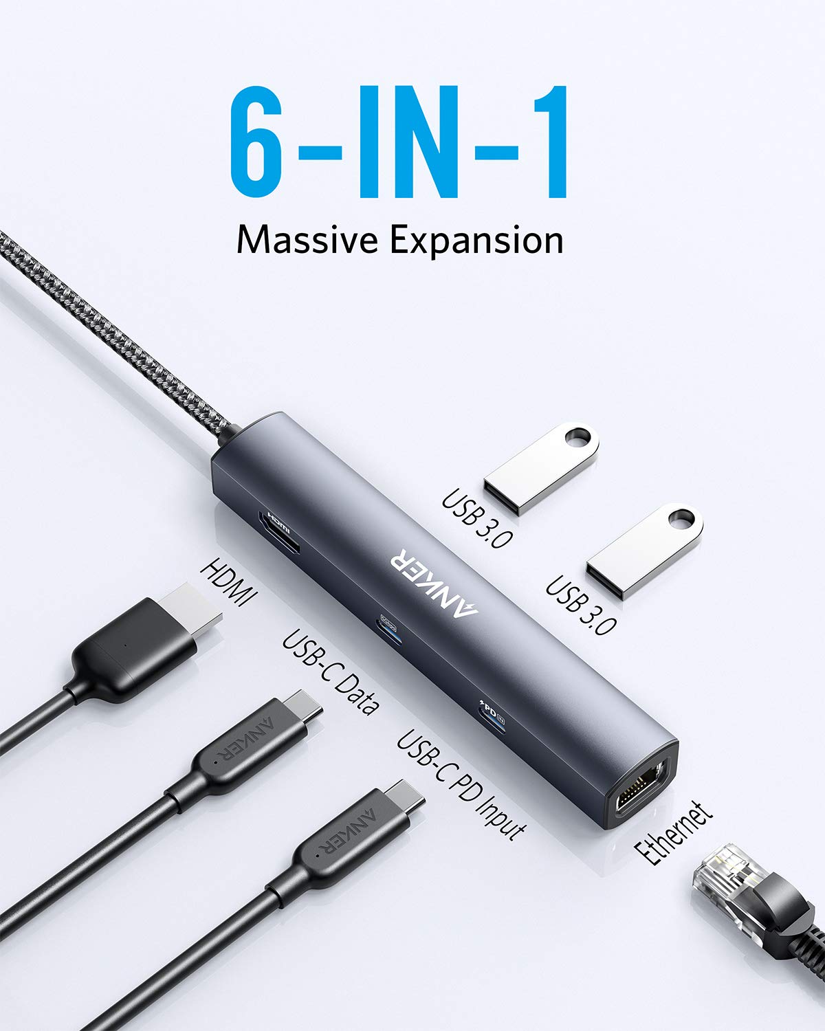 Anchor PowerExpand 6-in-1 Ethernet Adapter, PD USB C Hub, 65 PD, 4K HDMI, 1Gbps Ethernet, Data, 2 USB 3.0 data ports, compatible with MacBook Pro, MacBook Air, iPad Pro, XPS
