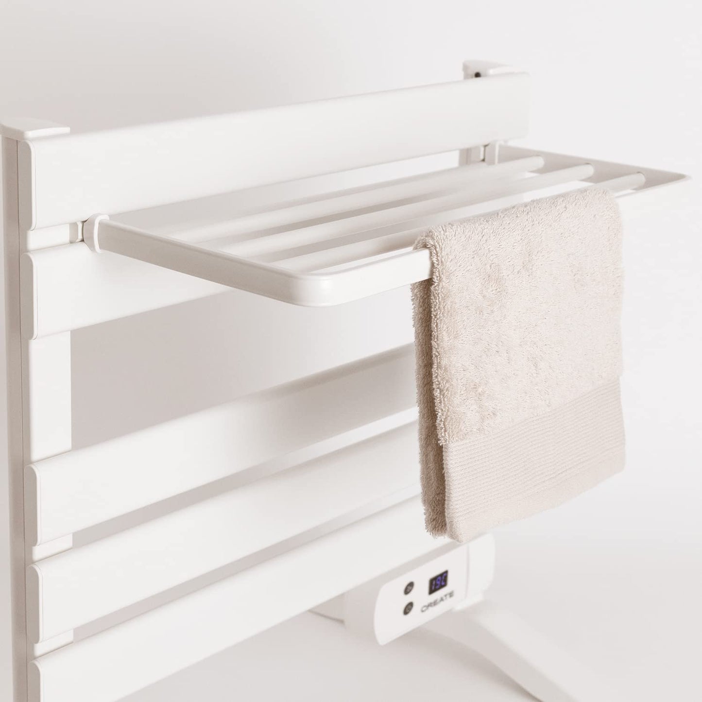 CREATE / WARM Towel Mini 150W / Electric Bathroom Heater White with Stand Feet and Shelf / 22.9x16.1x22 inches / Quiet, low consumption, LCD display, 150W