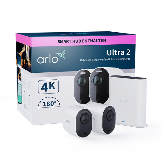 Arlo Ultra 2 Outdoor WiFi Security Camera, Wireless, 2-Pack, 4K UHD Quality, 180° Field of View, Spotlight, Color Night Vision, Motion Detection, Alarm Siren + with Arlo Secure Trial Period.