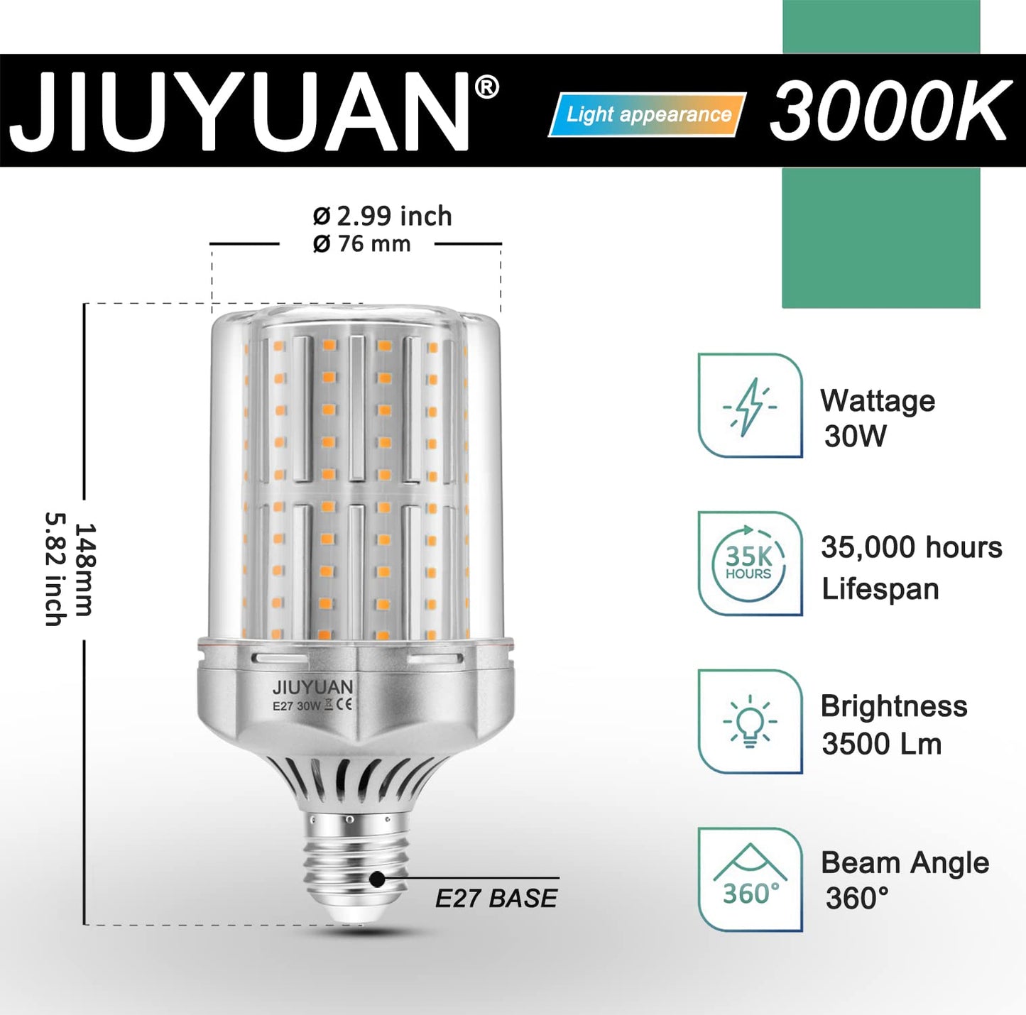 JIUYUAN LED lamps E27 30W Warm White E27 LED Bulb 3000K 3500LM Replacement 250W Incandescent Bulb LED E27 Corn Bulbs Non-Dimmable E27 LED Warm White 2 Pack