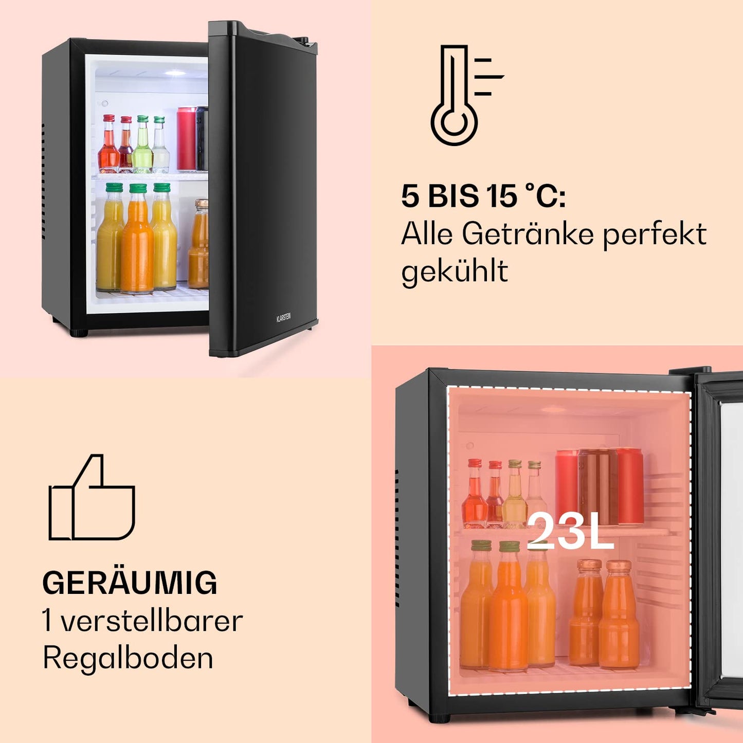 Klarstein mini fridge for rooms, 23L, for drinks & cosmetics, small mini bar, quiet, adjustable shelf, small skincare fridge 5-15°C.