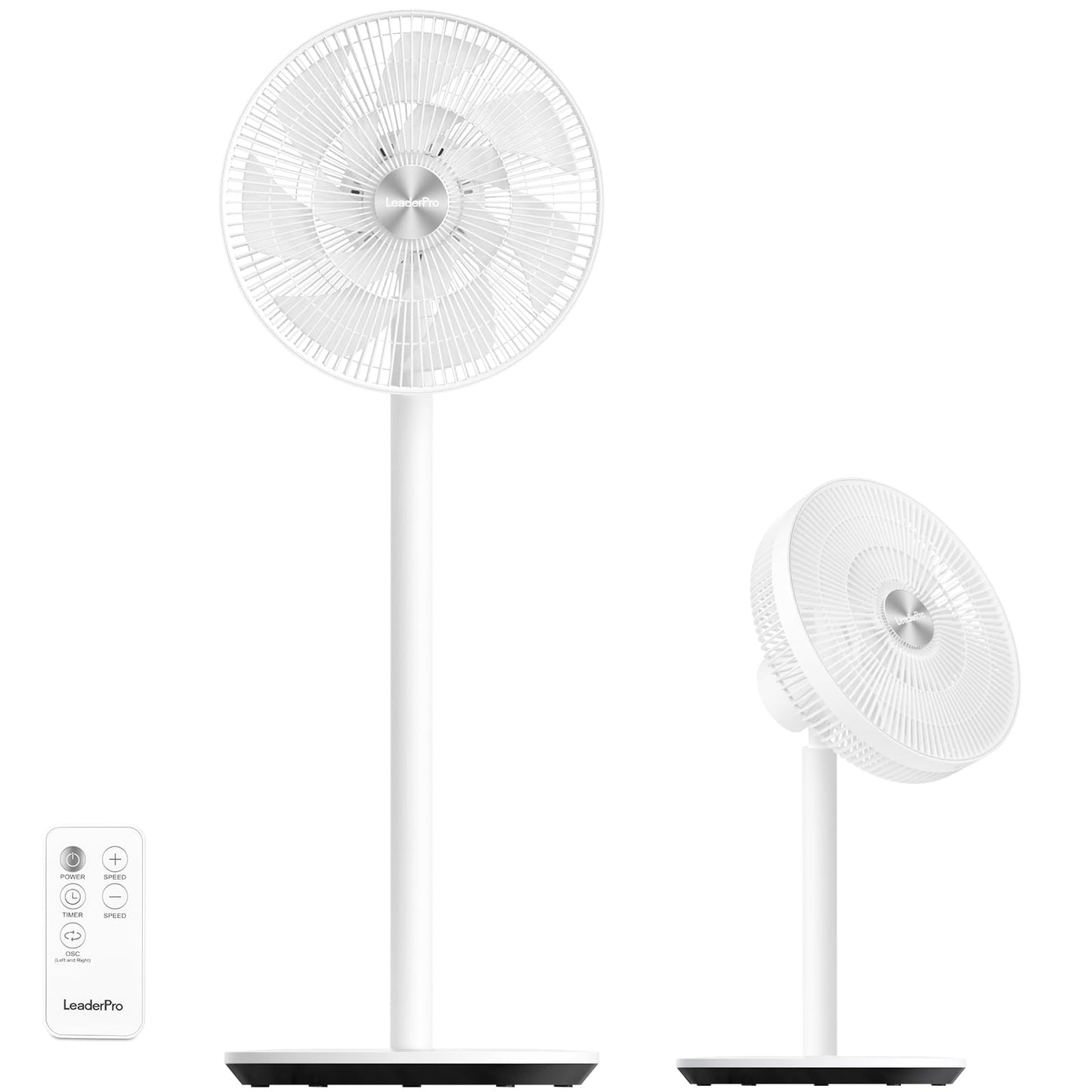 LeaderPro Stand Fan-12.8db Quiet with Remote Control, 8 Speeds, Adjustable Height, 120° Oscillation, 8H Timer, DC Motor Fan for Bedroom, Living Room, Kitchen, White