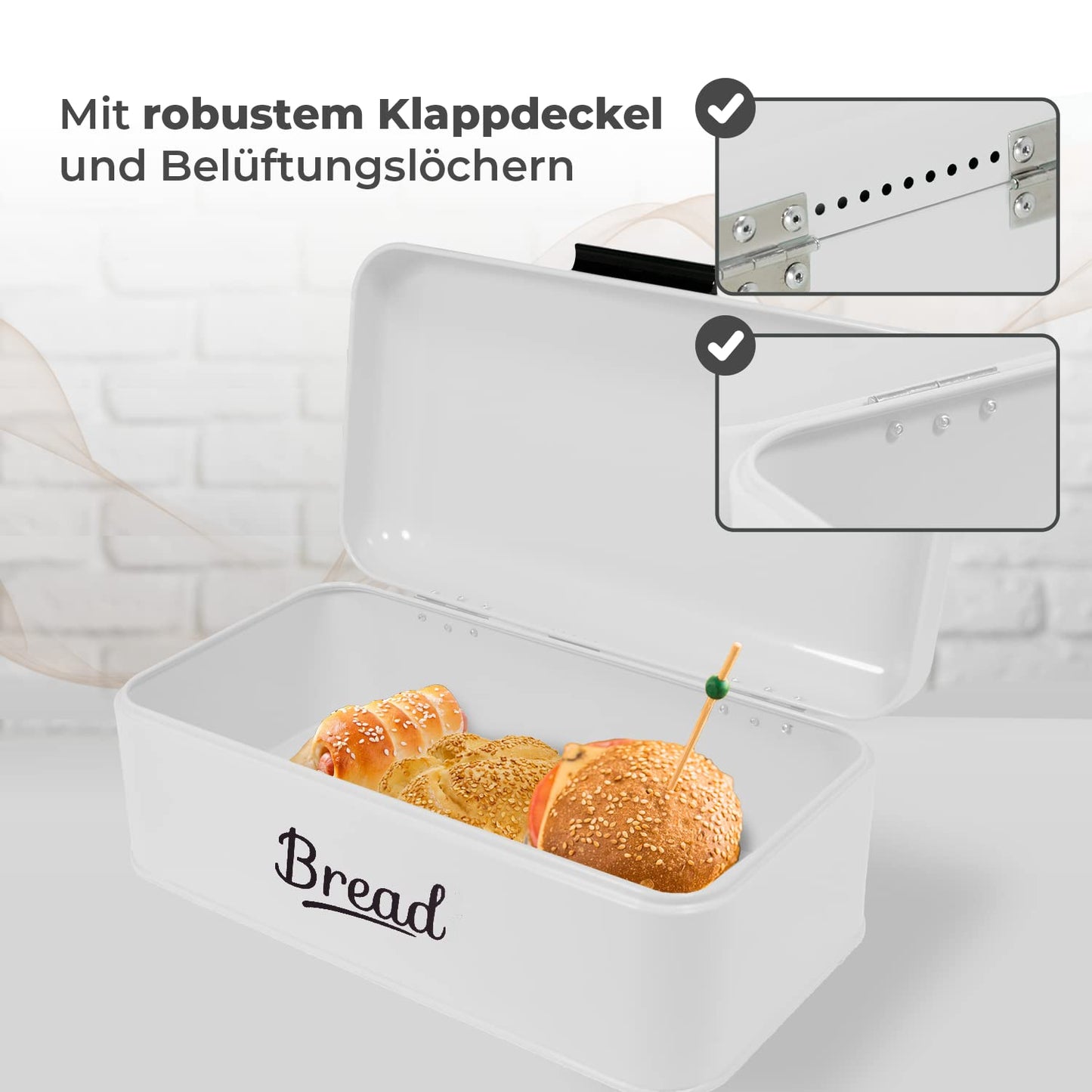 DRULINE Bread box with folding lid - Retro bread box - Bread storage - Breadbox - Metal white/black - W/D/H approx. 42 x 16 x 22.5 cm - Retro design
