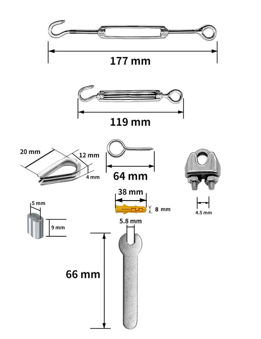 30M trellis wire rope 304 stainless steel, PVC-coated 2mm steel wire 1.5mm 5x turnbuckle M5 hook eye, 10x thimble, 10x wire rope clamps, 10x eye screw, 10x expansion tube, 67 pcs.