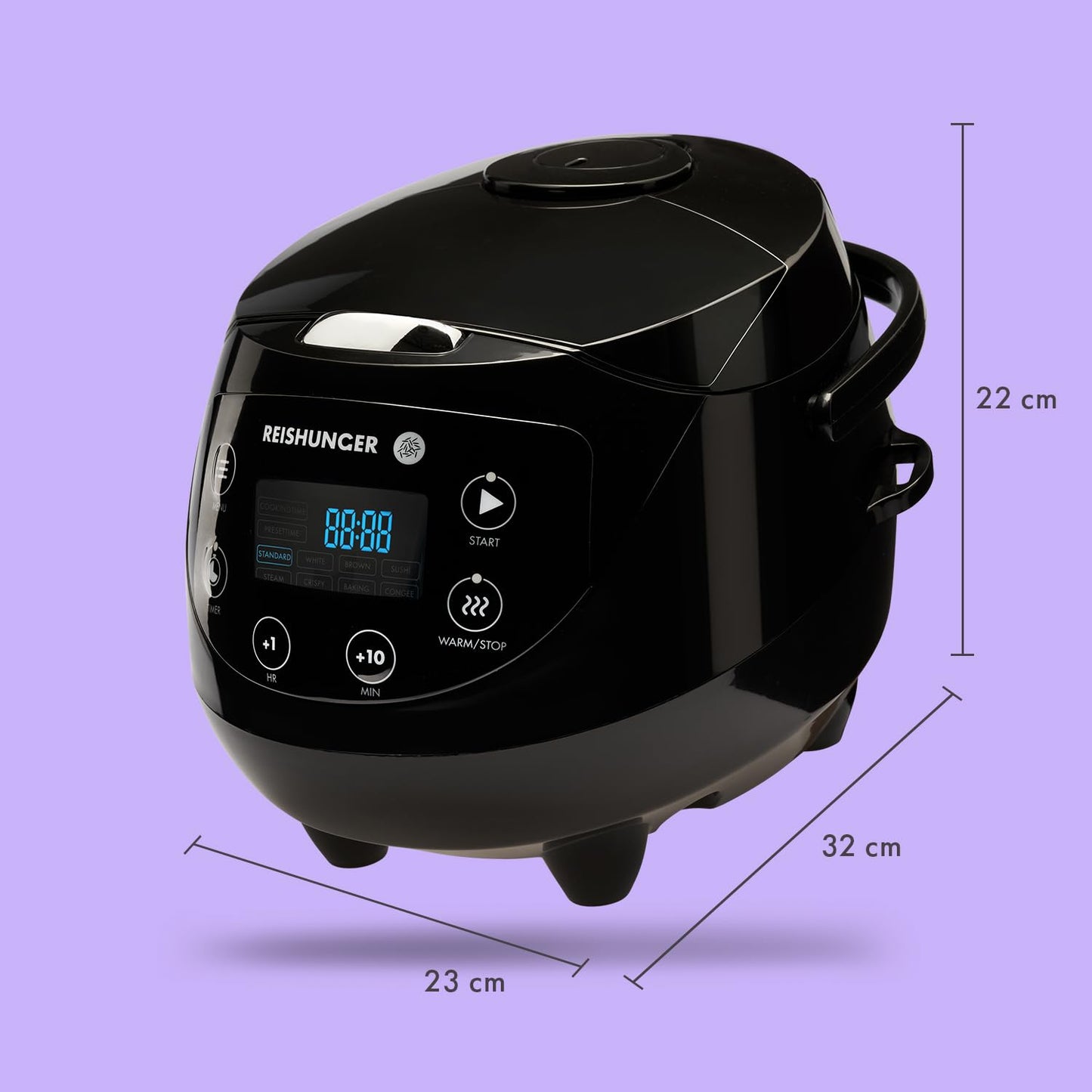 REISHUNGER Digital Rice Cooker small, black | 0.6 L for 3 people | Keep warm function, timer & premium pot | Small multi-cooker & steamer, 8 programs, 7-phase technology