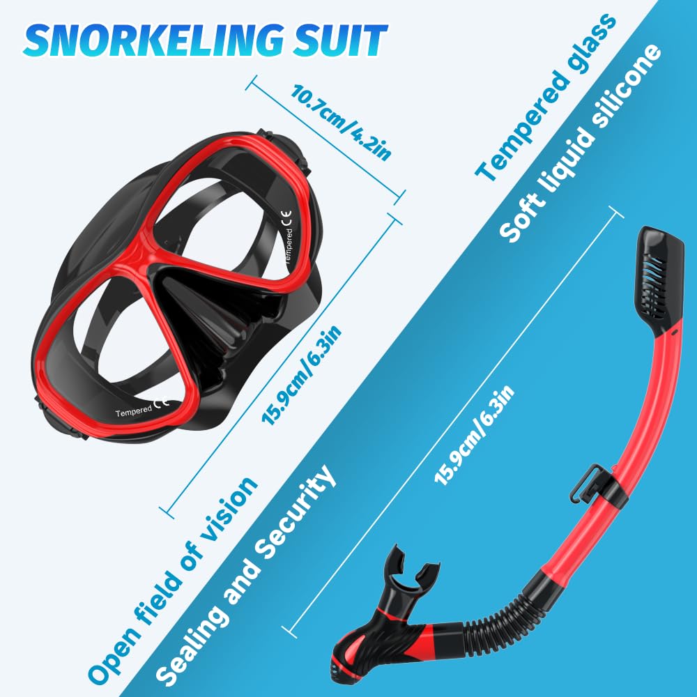 Findway adult snorkel set, snorkel set with diving mask and snorkel, anti-leak & anti-fog & anti-UV tempered glass diving mask for diving, snorkeling, and swimming, for women and men.