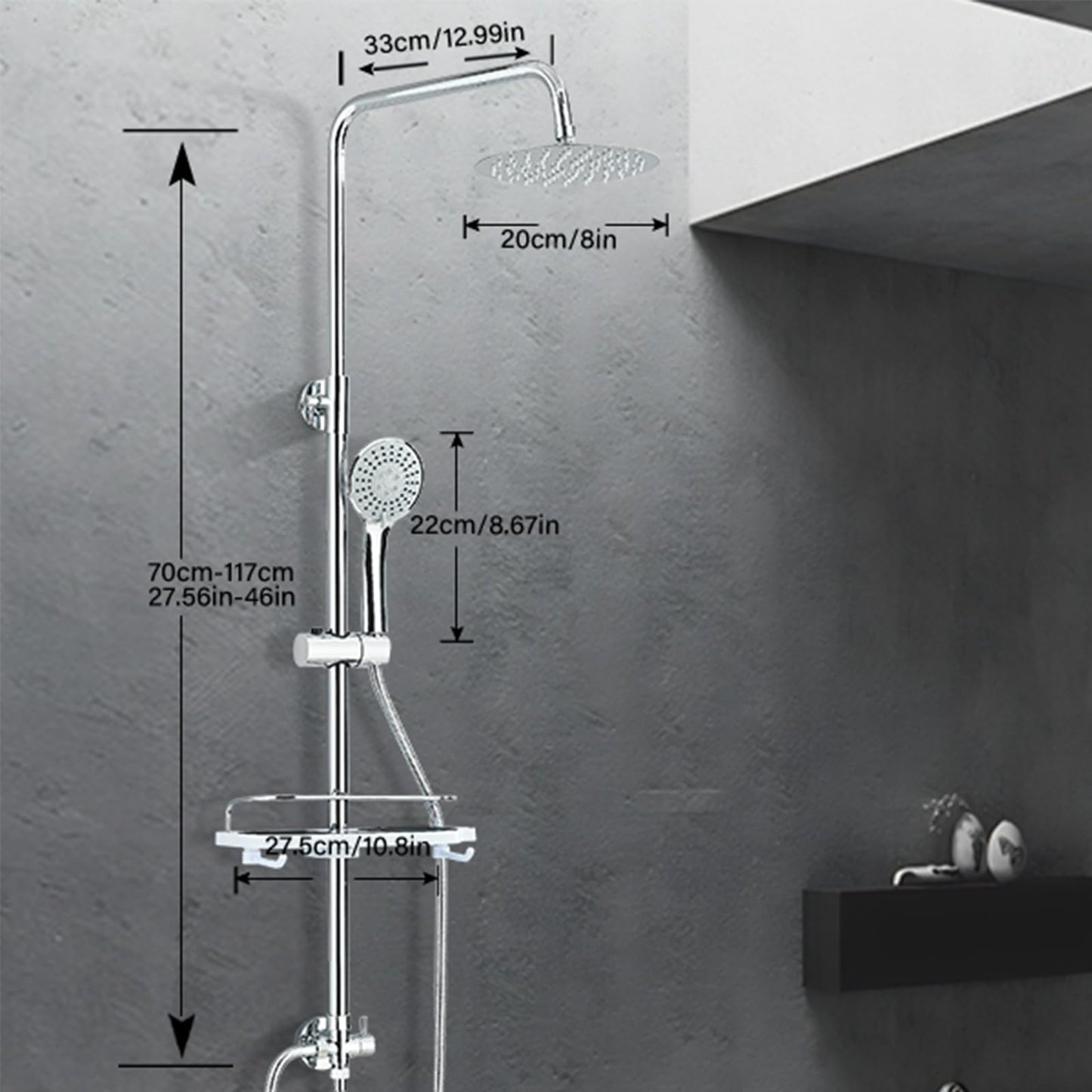 Hevenaov shower system without faucet in chrome, rain shower head without faucet, stainless steel shower set without faucet, 20 cm round rain shower.