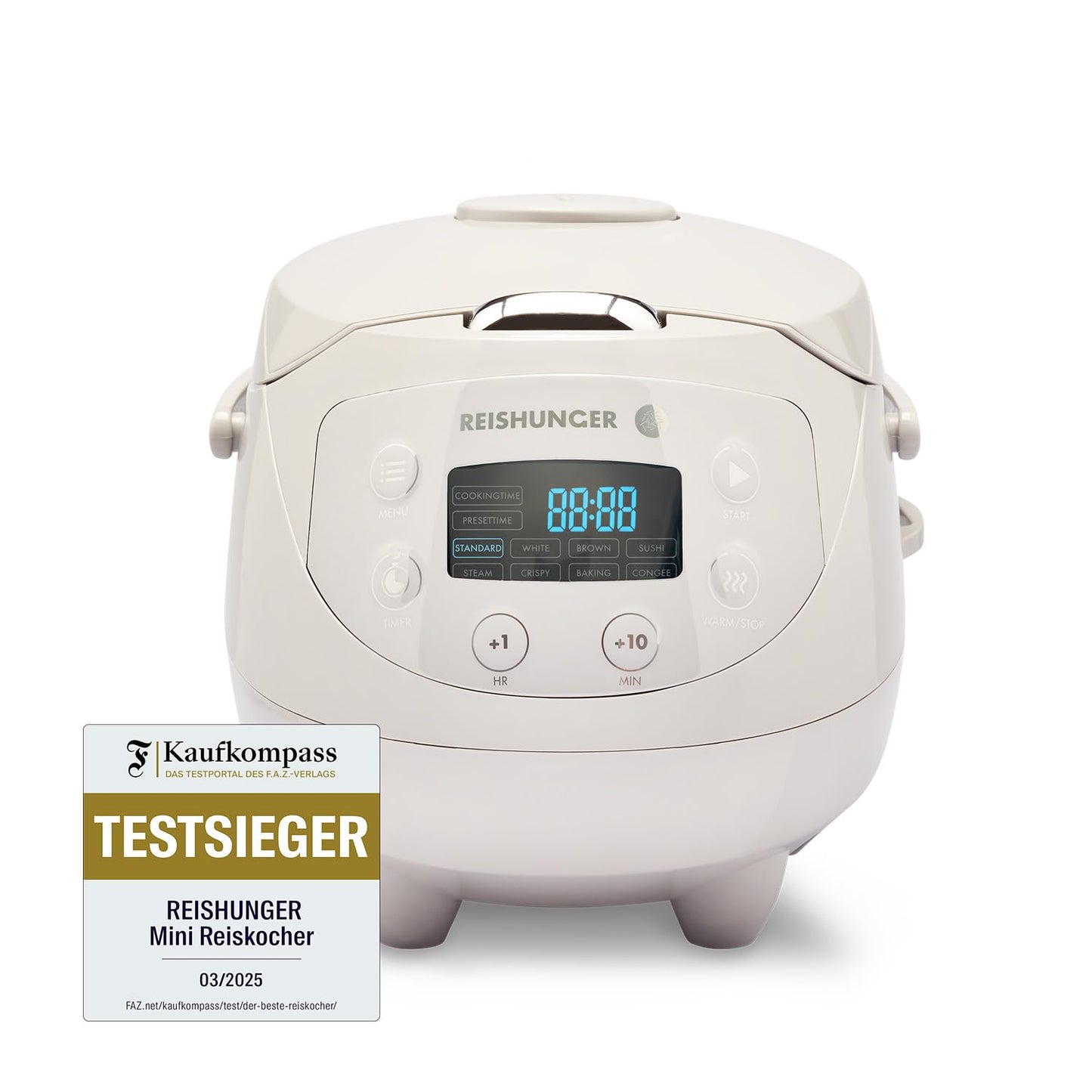 REISHUNGER Digital Rice Cooker small, gray | 0.6 L up to 3 people | Keep warm function, timer & premium pot | Small multicooker & steamer, 8 programs, 7-phase technology.
