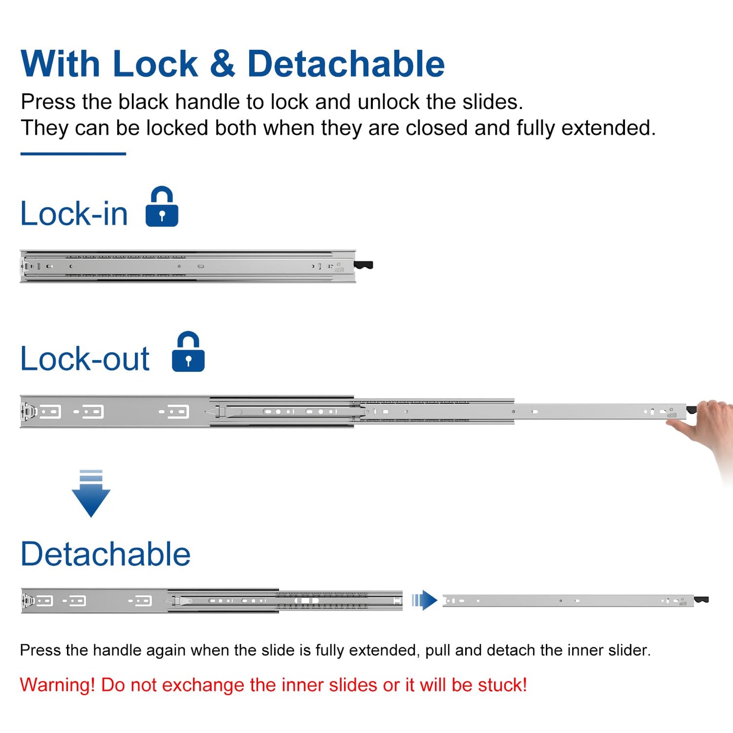 VADANIA drawer slides with lock 700mm, 53kg capacity Heavy duty full extension ball bearing Side mount #VD1551, 1 pair