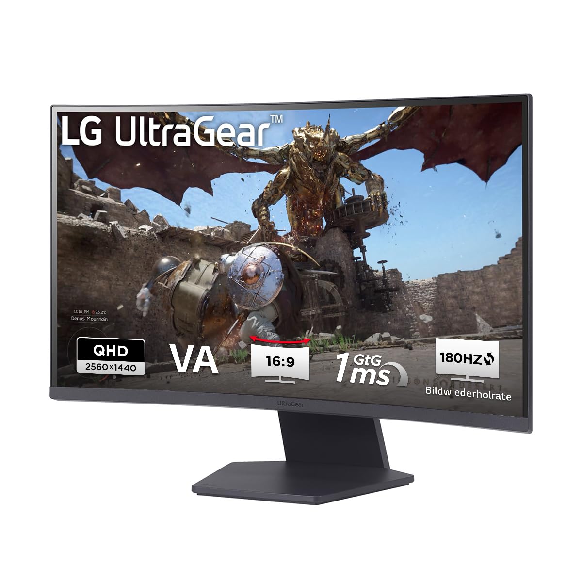 LG Electronics 27GS60QX-B.AEUQ UltraGear™ Curved QHD Gaming VA Monitor 27" (68.4cm), 2560 x 1440, 16:9, 1ms GtG, 180Hz, HDR10, 300 cd/m² brightness (typ.), AMD FreeSync, Dynamic Action Sync - Black