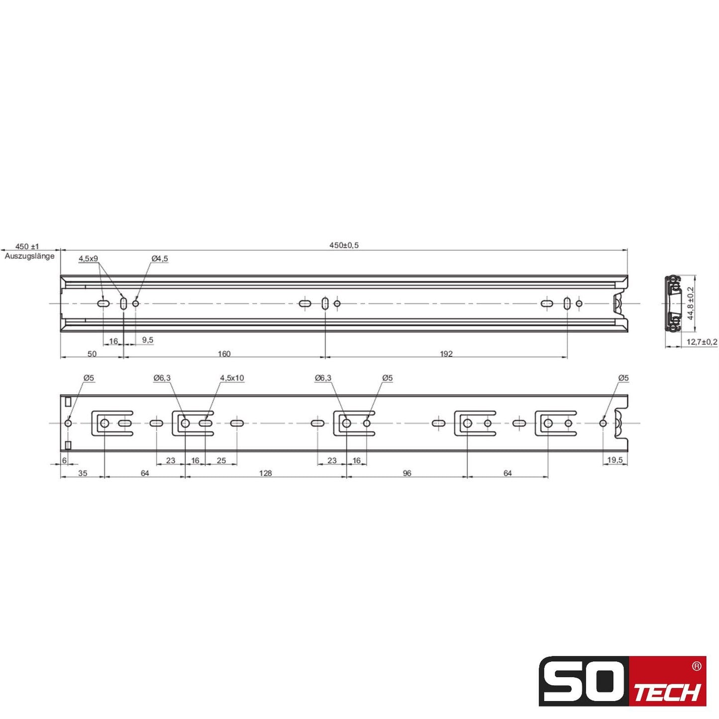 SOTECH 4 pairs (8 pieces) full extension slides KV1-45-H45-L450-NF 450mm (retracted) drawer slides ball bearing load capacity 45 kg