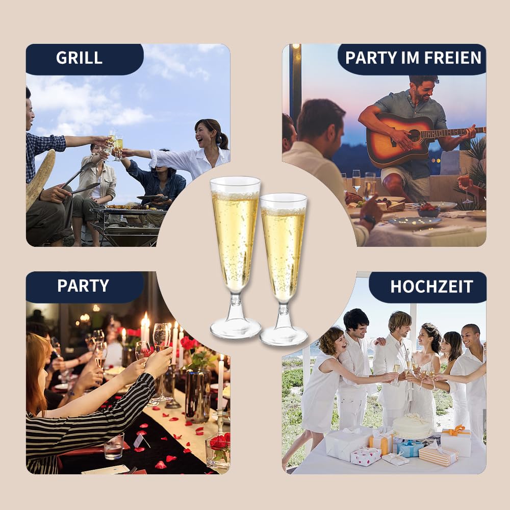 Plastic champagne flute glasses, set of 50. 150ml capacity, reusable. Great for weddings, birthdays, picnics, and parties. Size: 16 x 5.5 cm. Transparent.