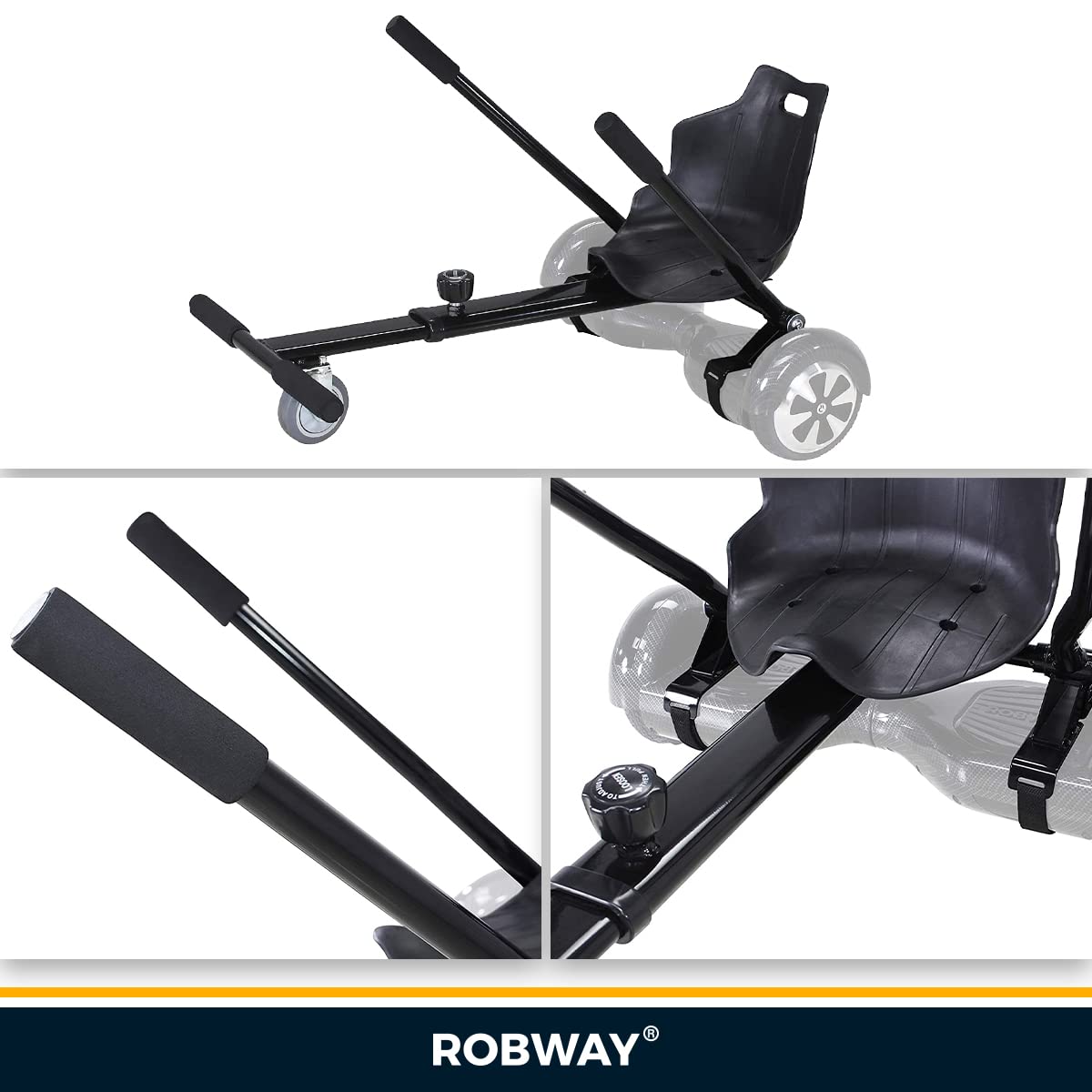 Robway Hoverkart | ๐๐๐ ๐๐๐๐๐๐๐๐ ยฎ - W1 W2 W3 & universal for 6.5" / 8" / 10" Boards - Hoverboard Seat - Hoverseat - Hovercart Seat - Rubber tires - Kids & Adults (Black)