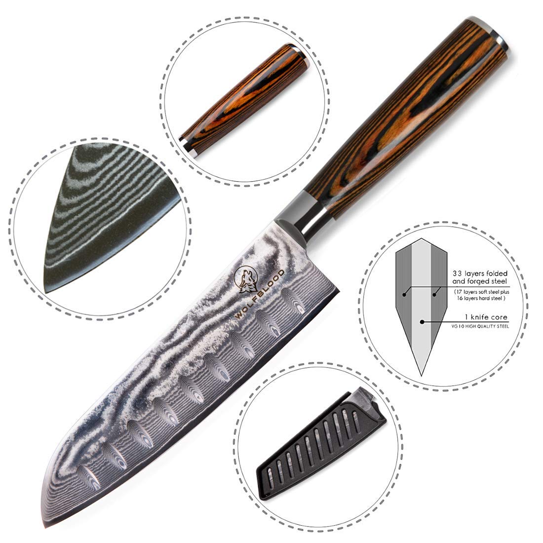 Wolfblood Damascus Santoku Knife XL (30cm) Professional chef's knife made of authentic 67 layer Damascus steel. Damascus kitchen knife with wooden handle. Comes in a gift box with blade guard.