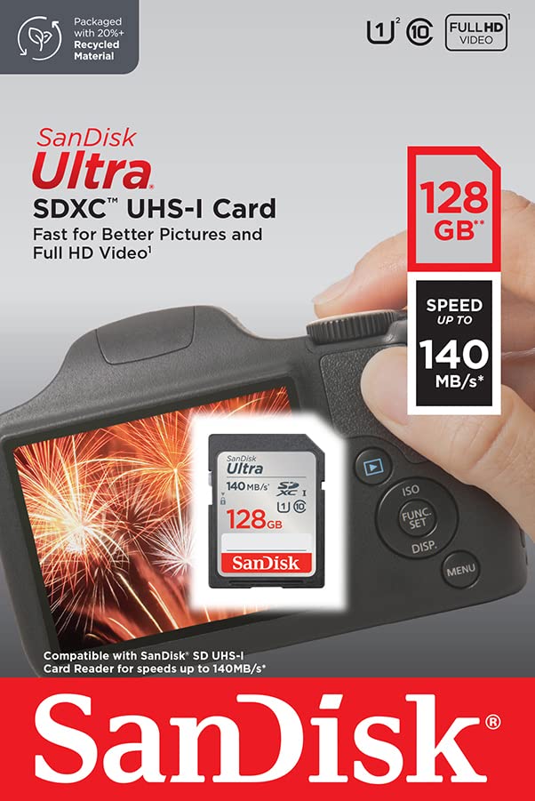 SanDisk Ultra SDXC UHS-I Memory Card 128GB (For entry-level and mid-range compact cameras, Full HD videos, U1, C10, V10, up to 140MB/s read speed, 10-year warranty)