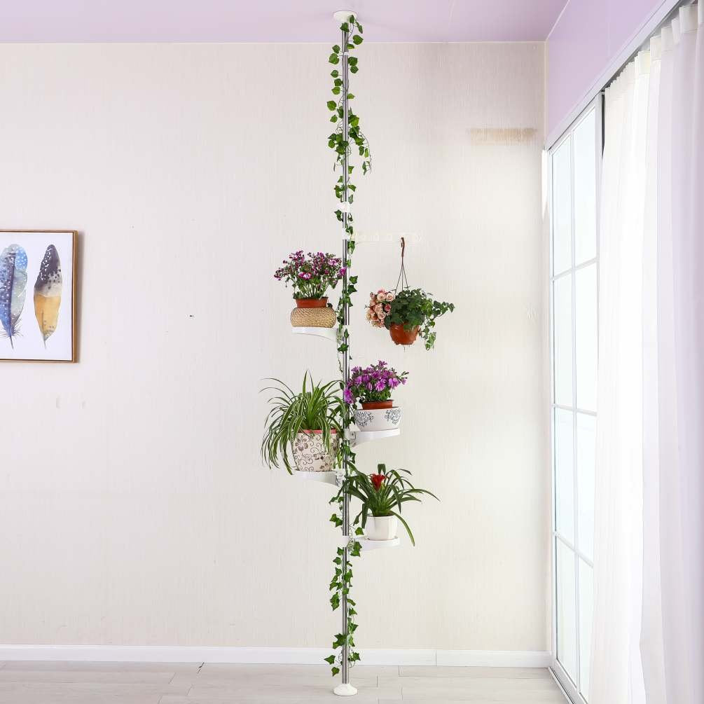 BAOYOUNI 5-Tier Telescopic Plant Stand Flower Shelf Rack Metal Tension Pole Adjustable Height 175-235 cm or 230-290 cm for Indoor, Balcony, Living Room, Ivory