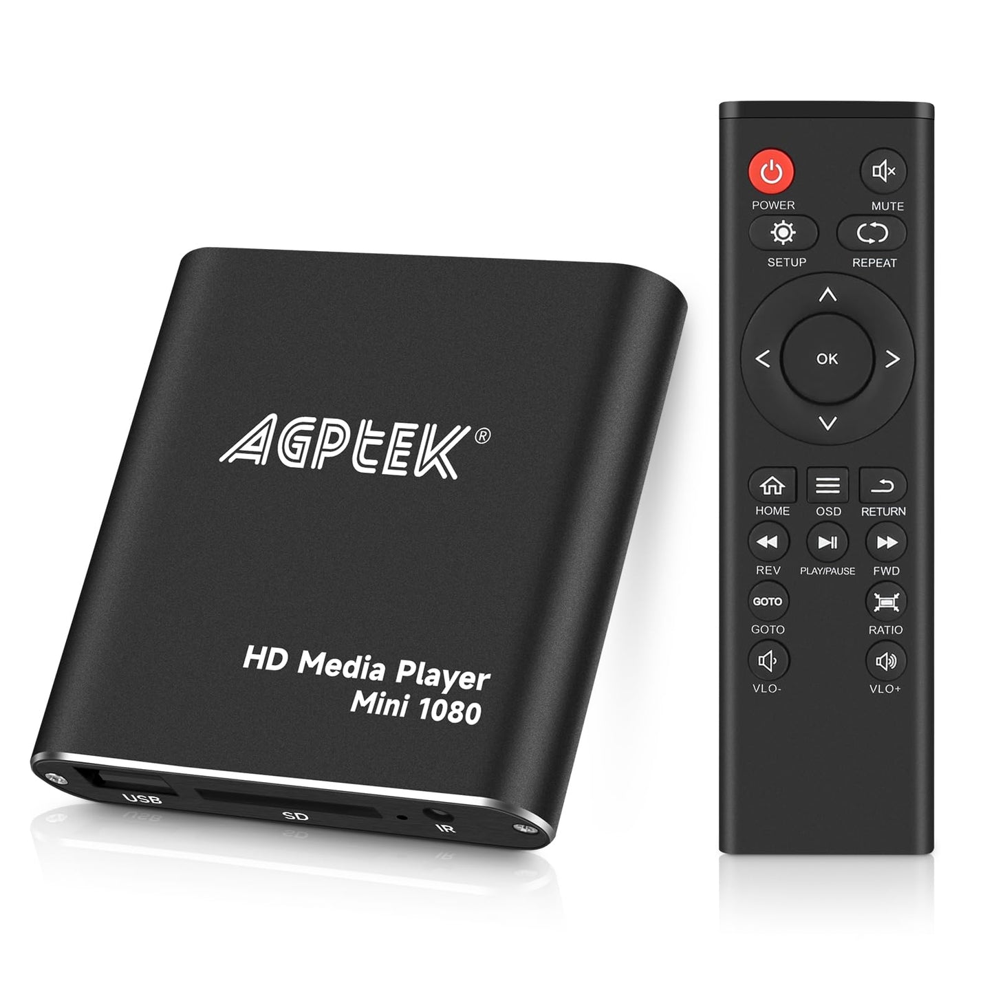 AGPTEK Mini 1080P Full HD Digital Media Player with remote control for MP3, WMA, OGG, AAC, FLAC, APE, AC3, DTS, ATRA - Supports HDMI CVBS & YPbPr video output (Black).