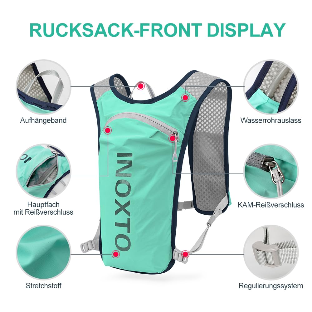 INOXTO Running Backpack, 5L Lightweight Hydration Pack, suitable for outdoor hiking, cycling competition, mountaineering hydration vest, backpack, men and women (Light green)