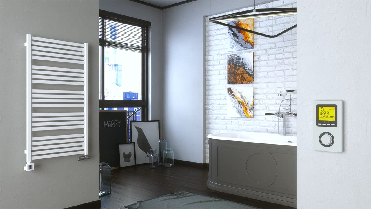 anapont electric premium bathroom radiator Marlin - straight - color - timer function - towel radiator - electric bathroom heating - towel heater - made in Germany (1185h x 600w, white)