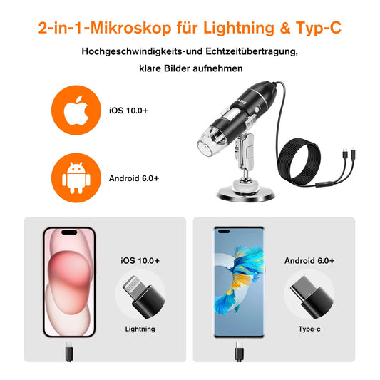 WADEO Digital Microscope, USB microscope 1440P HD with 50X-1600X magnification, Portable Inspection Camera WiFi-free, Wired Hand Microscope with 8 LED and Stand, compatible with iOS, Android, and tablets.