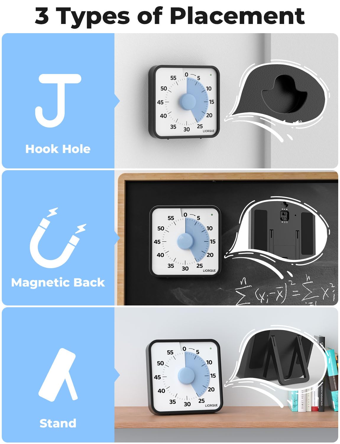 LIORQUE 19cm Visual Timer 60 Minute Countdown Timer with Large Screen for Kids and Adults Quiet Short-Term Timer for Kitchen School Office Battery Included
