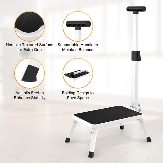 Xtsuen step stool with handle, folding step ladder, one-step ladder with non-slip tread for adults, elderly, and children in kitchen, bathroom, and house, up to 150 kg capacity.