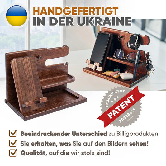 TESLYAR Wooden Phone Docking Station & Desk Organizer in Brown with Phone Stand for Office Storage & Organization/Perfect Men's Gifts for Birthday or Christmas