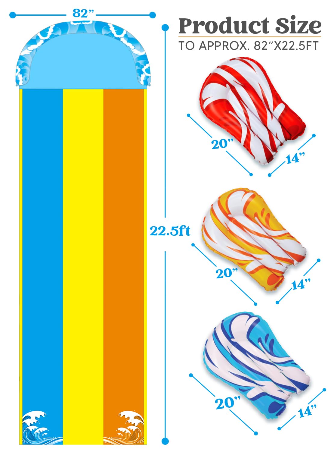 Sloosh 22.5ft x 84in/685.8*213.3cm Waves Triple Garden Water Slide, durable water slide with 3 bodyboards and sprinkler for kids and adults, summer water toy for the garden.