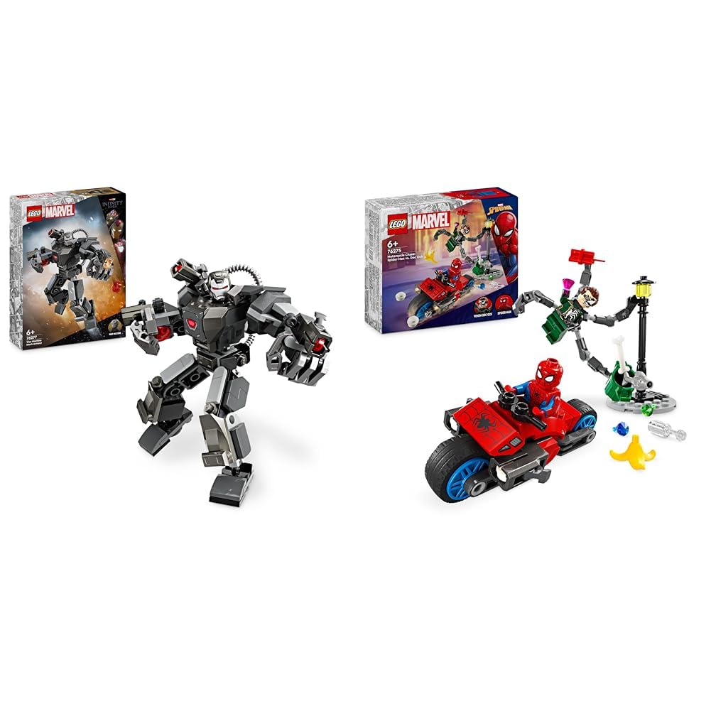 LEGO Marvel War Machine Mech, buildable superhero toy with 3 shooters & Marvel motorcycle chase: Spider-Man vs. Doc Ock, superhero toy