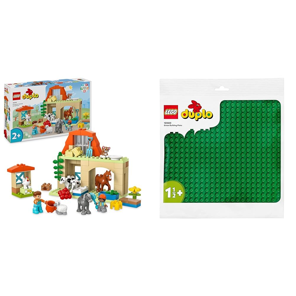 LEGO DUPLO Town Animal Care on the Farm, Toy for kids 2+ & DUPLO Green Baseplate, Baseplate for DUPLO Sets, Construction Toy for Toddlers 10980