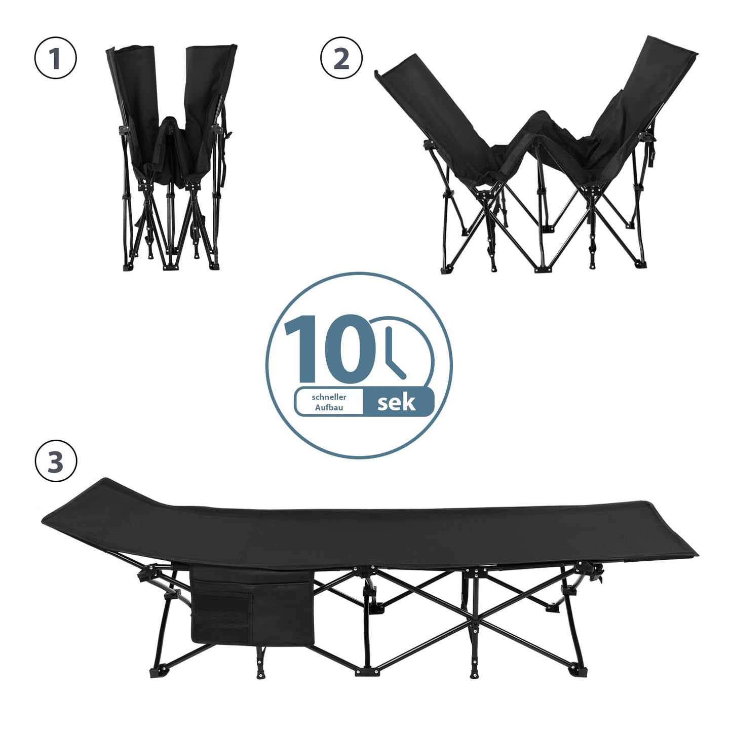 ALPIDEX camping bed cot up to 200 kg side pocket comfortable pad softly padded foldable collapsible guest bed lounger camping garden, color: Black.