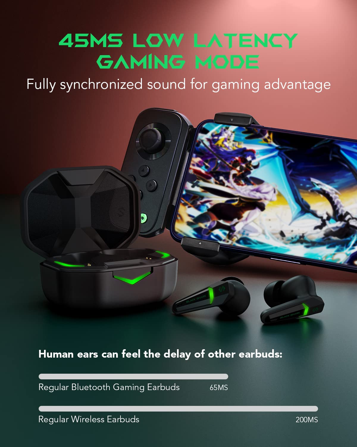 Black Shark wireless Bluetooth headphones with ultra-low latency of 55 ms, Bluetooth 5.2 gaming earbuds with dual modes, 10mm drivers, 35h playtime, IPX4 waterproof, 4 microphones.