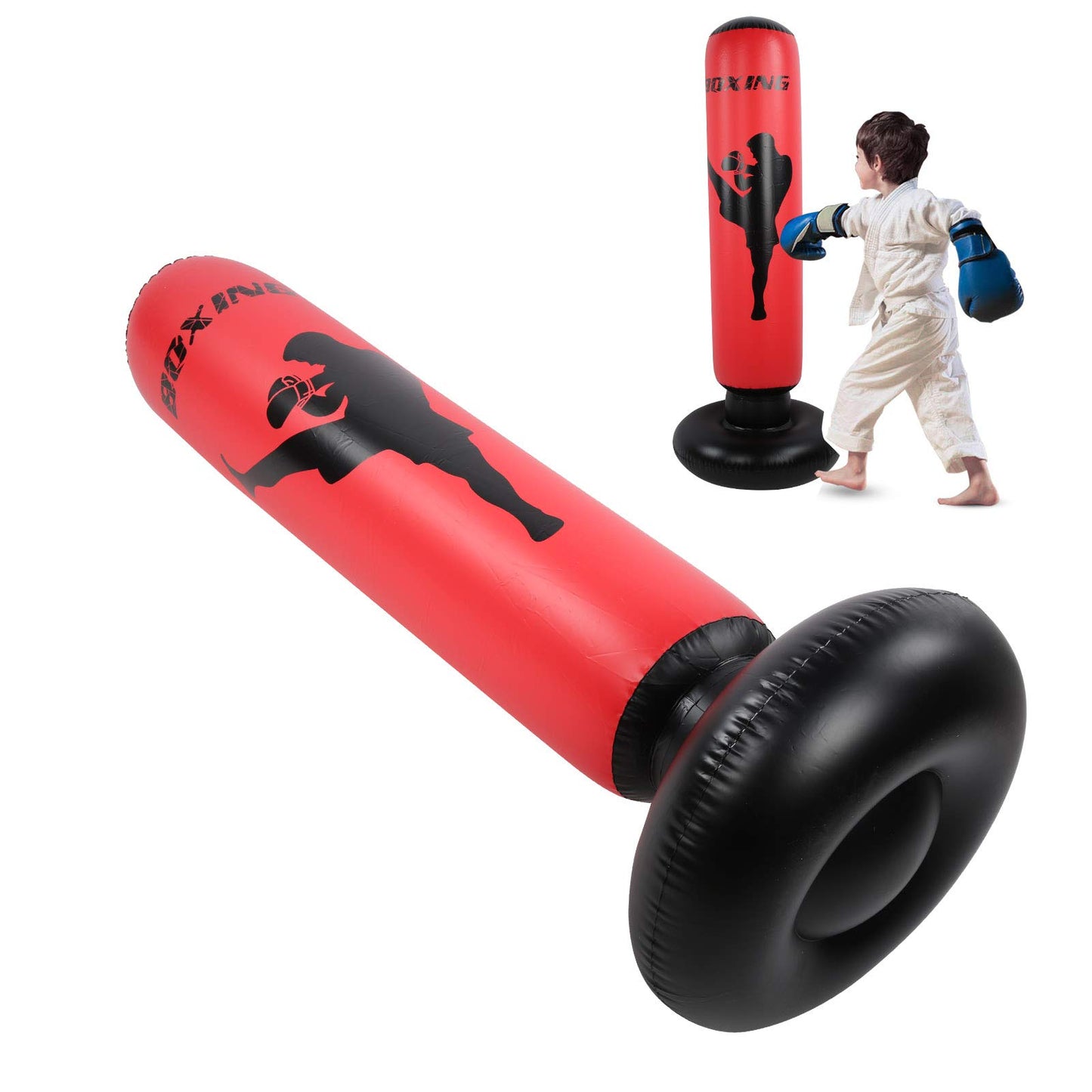 170cm inflatable standing boxing bag for strength training, Black and red PVC boxing column for fitness stress relief for men women boys girls.