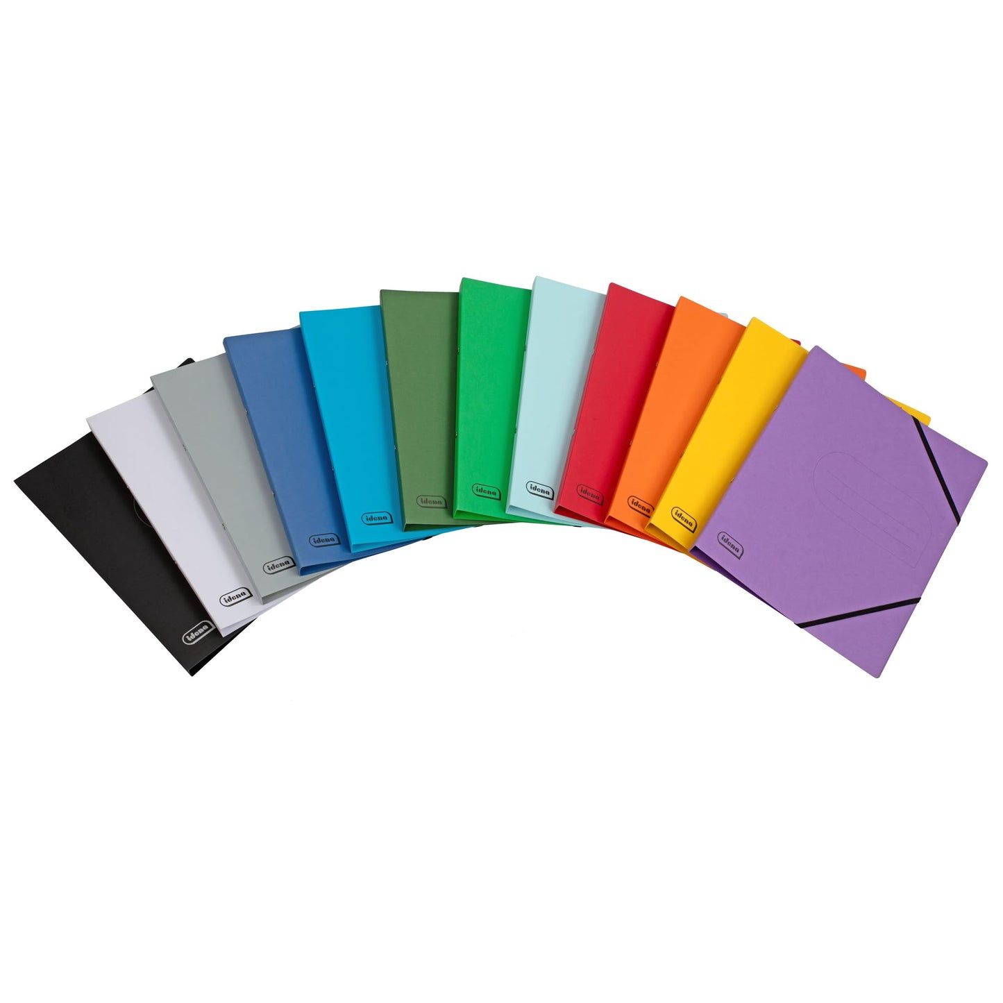 Idena 11097 - Eco cardboard ring binders in DIN A4 size, 12 colorful folders with 20mm spine width and 2-ring mechanism, diagonal rubber band.