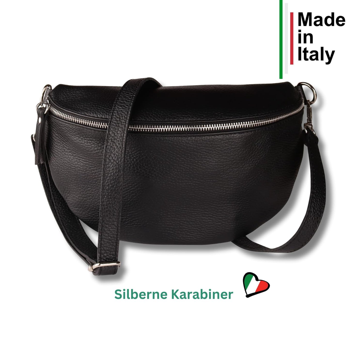 MIRROSI® Waist Bag for women, genuine leather, Made in Italy, shoulder bag, chest bag, crossbody bag (1 bag & 2 straps) (Black (NN Black Beige), Small bag (22x13x6cm))