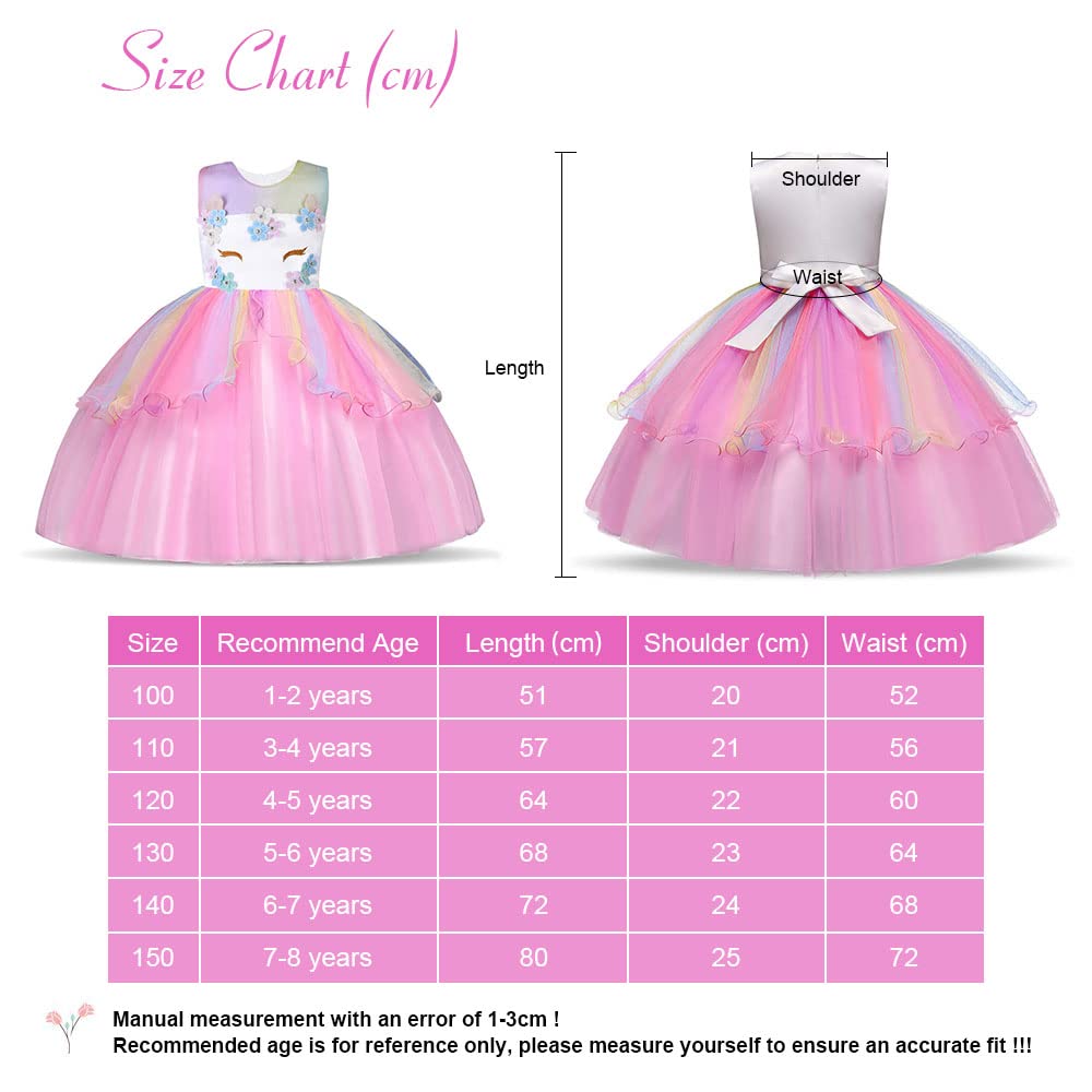 URAQT Kids Unicorn Costume Dress, Girls Unicorn Skirt, Flower Girls Sleeveless Party Dress, Birthday Dress Fancy Dress, Carnival Costume with Unicorn Outfit Set, 110cm (Pink-B)