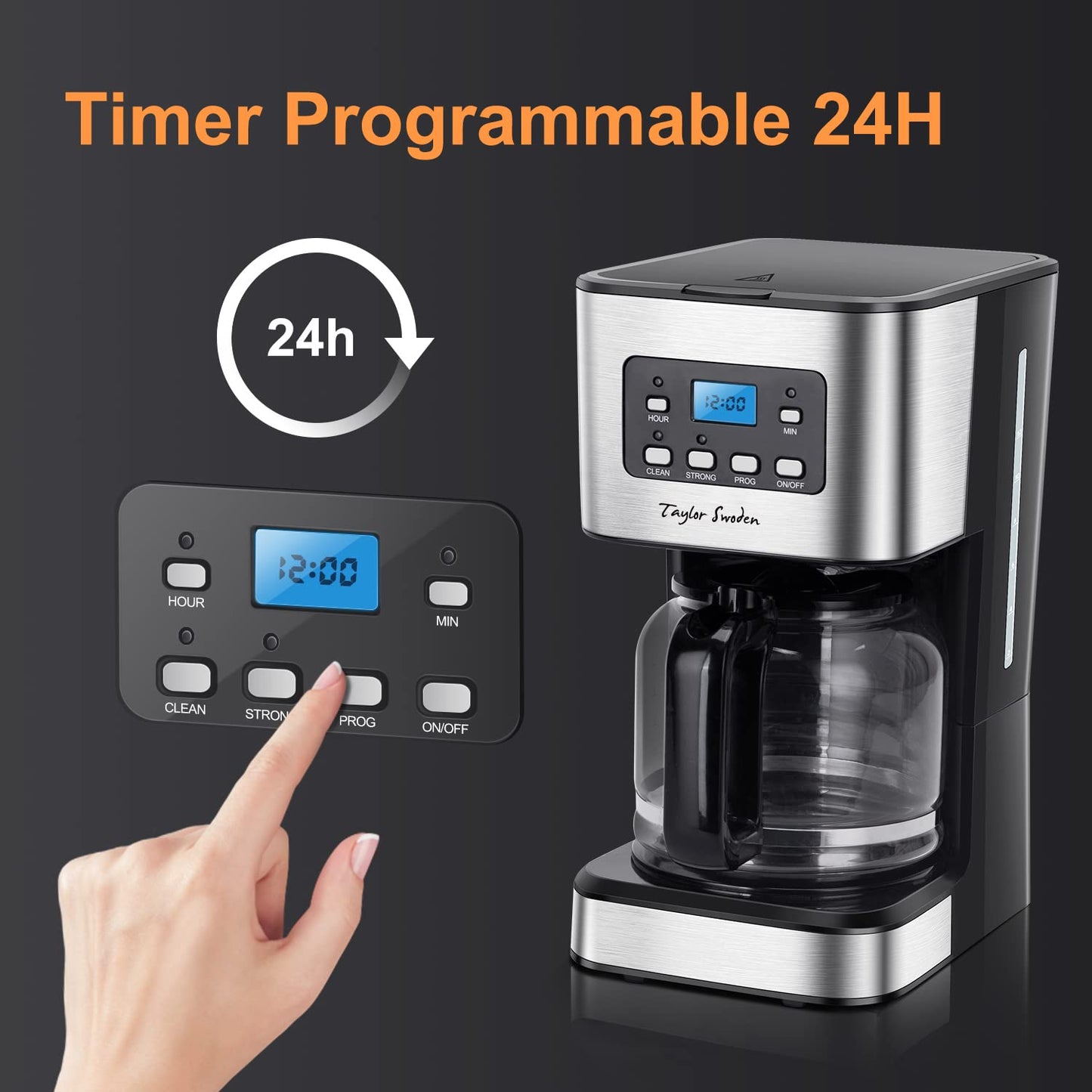 Taylor Swoden Darcy - 950W Coffee Maker with Timer, 1.5L Drip Coffee Maker 12 Cups, Auto Shut Off, Drip Stop, Reusable Filter and Heating Plate, BPA Free, Black, 2 Pieces