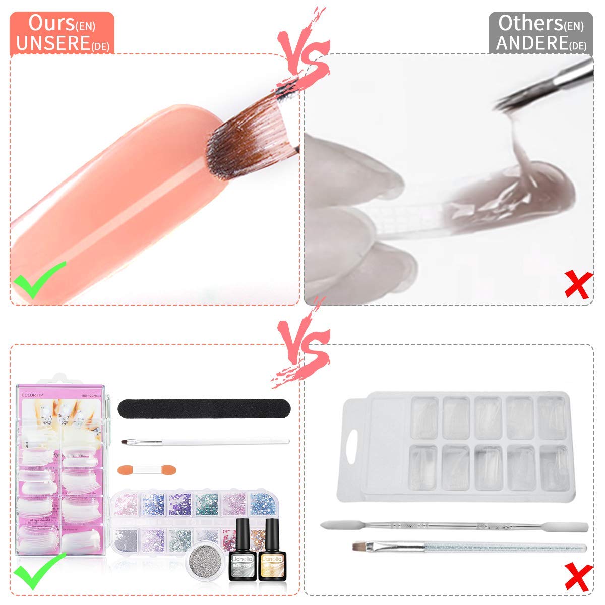 Janolia Nail Extension Kit for nails, Gel Builder Nails Starter Set for nail design with 15ml * 6 colors nail extension gel, base coat, top coat, very suitable for beginners.