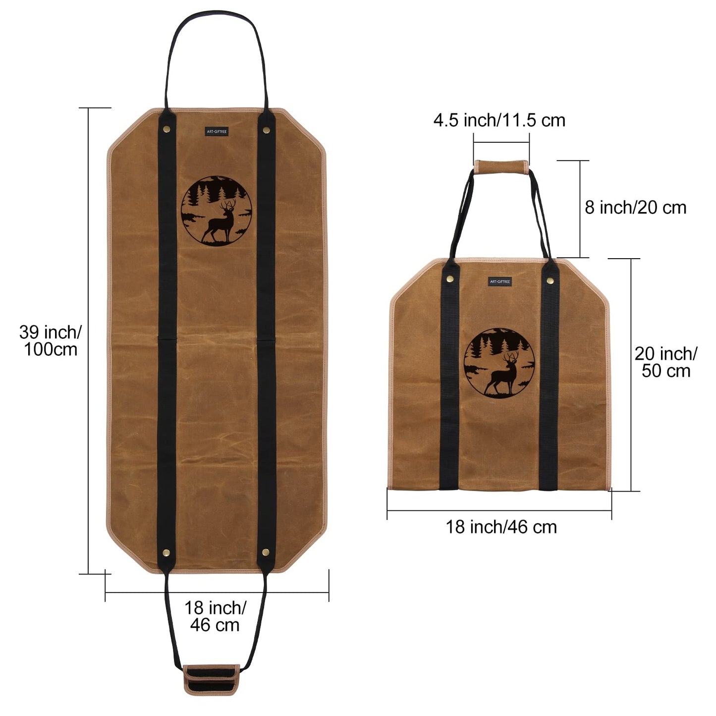 ART-GIFTREE Large waxed linen tote bag with handles, 99 x 45 cm, sturdy wooden holder for fireplace - Reindeer
