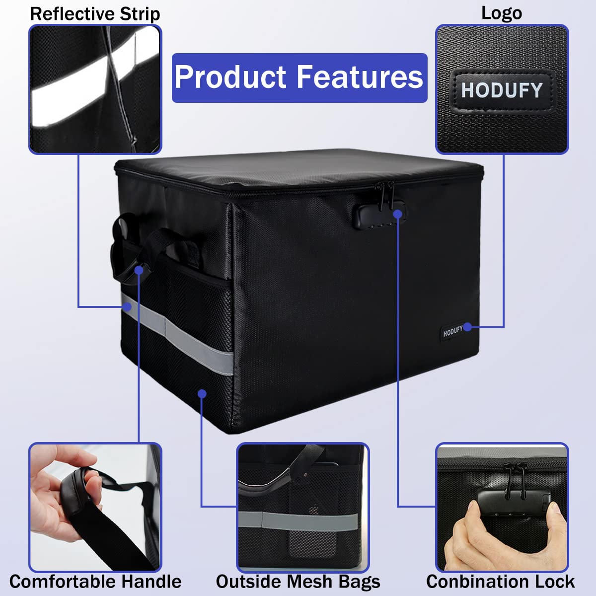Hodufy Large Fireproof Money Box, Waterproof and Fireproof Document Box with Combination Lock and Reflective Strips, Foldable Fireproof Storage Box for Organizing Document Bag/Hanging File.