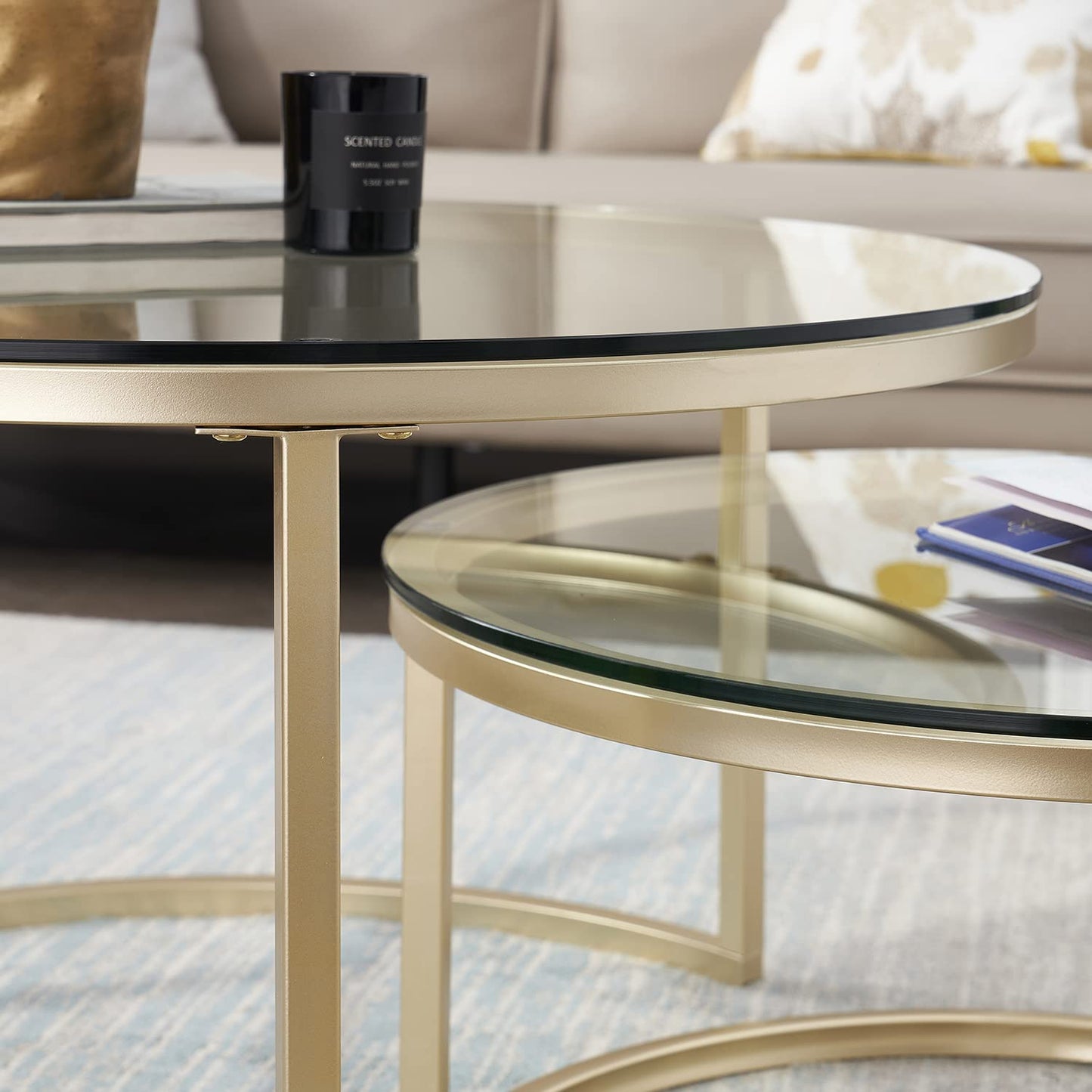 EGOONM 2-piece set round coffee table, round modern glass table with gold metal frame, (80*80*45cm+60*60*35cm)
