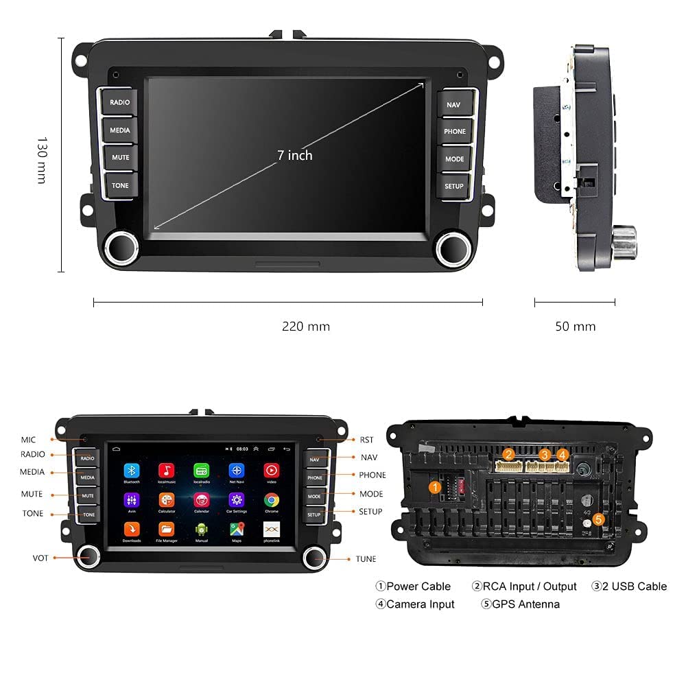 CAMECHO Android 13 car radio with Carplay for VW Golf 5 Golf 6 Polo Tiguan, 7-inch screen Double Din radio with navigation/Android Auto/FM RDS/Bluetooth/HiFi and USB + rearview camera