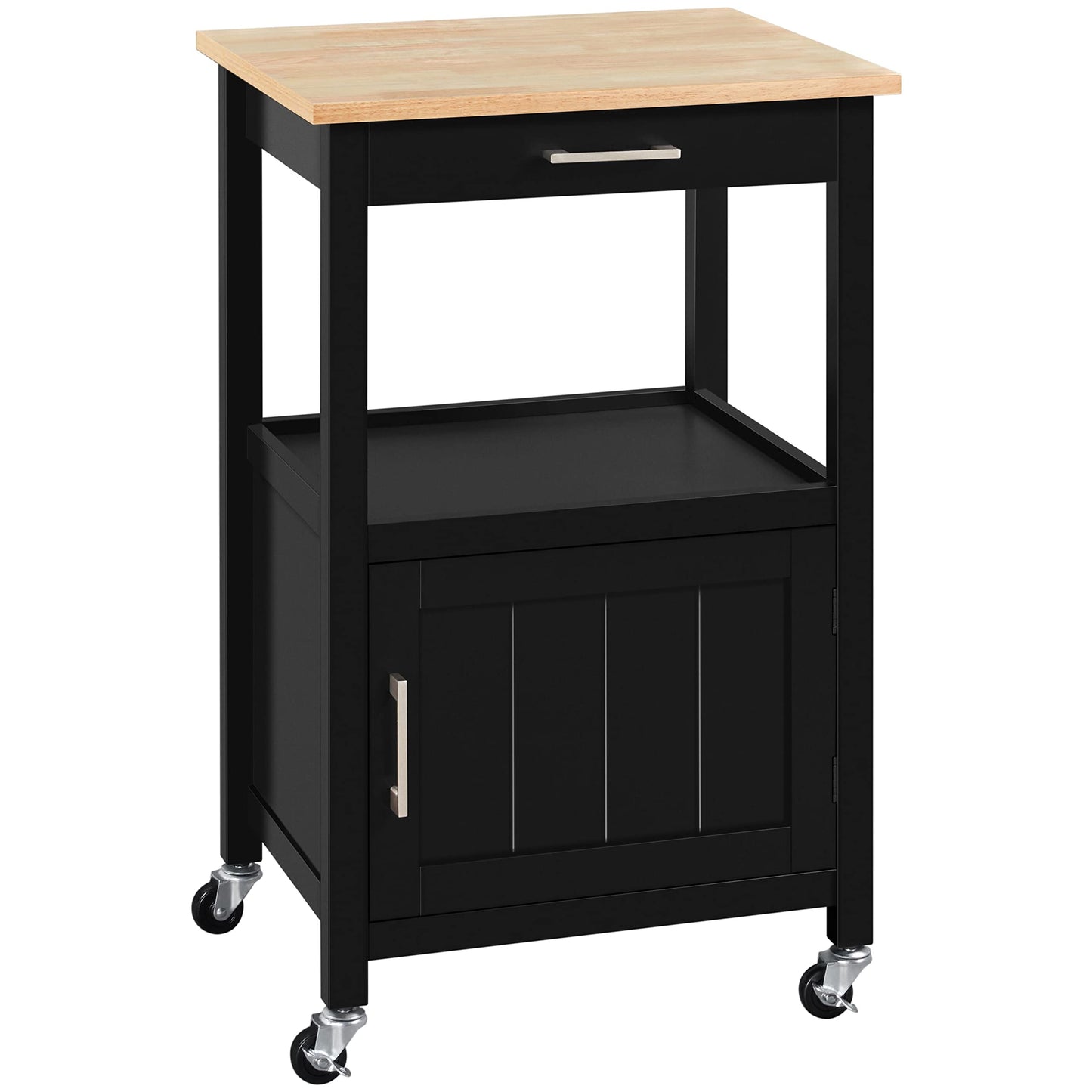 Yaheetech kitchen cart on wheels, serving cart with cabinet and shelf, wooden countertop, rolling cart 55x45x89cm, country style kitchen trolley in black.